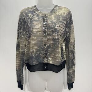 Worth New York Metallic Burnout Cardigan Sweater Sz M Black Gold Sheer Event